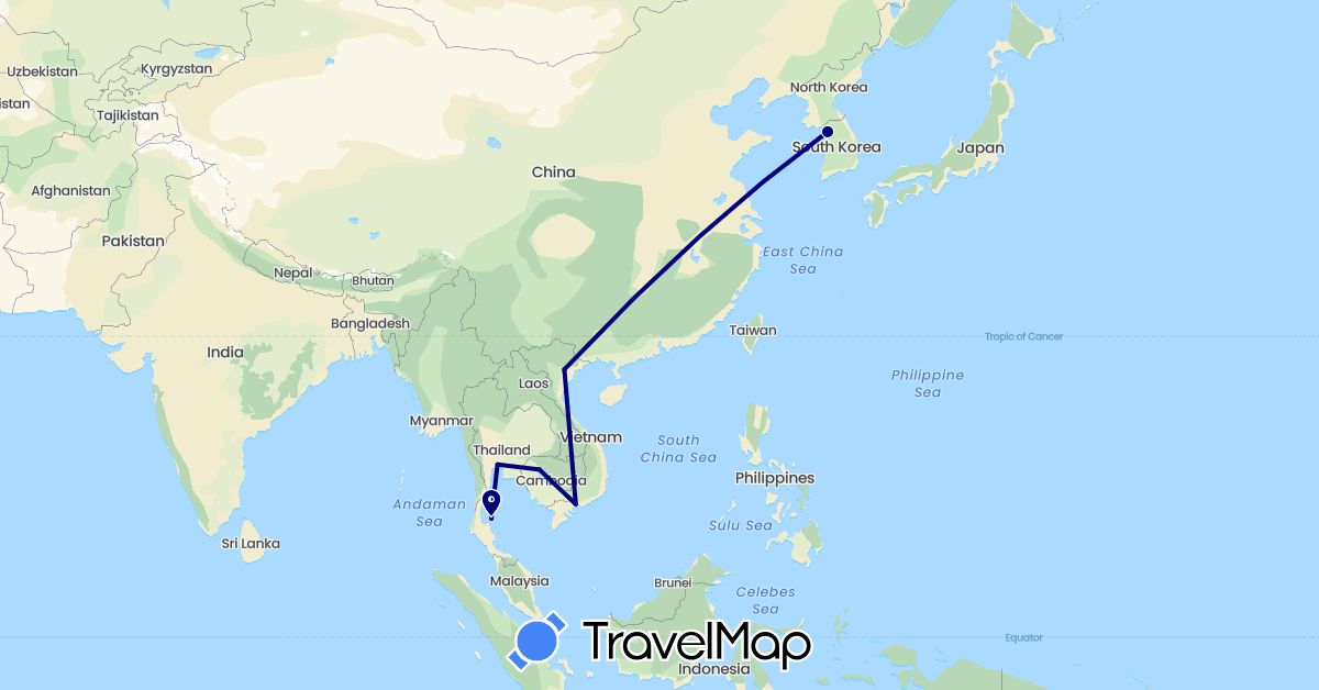 TravelMap itinerary: driving in Cambodia, South Korea, Thailand, Vietnam (Asia)